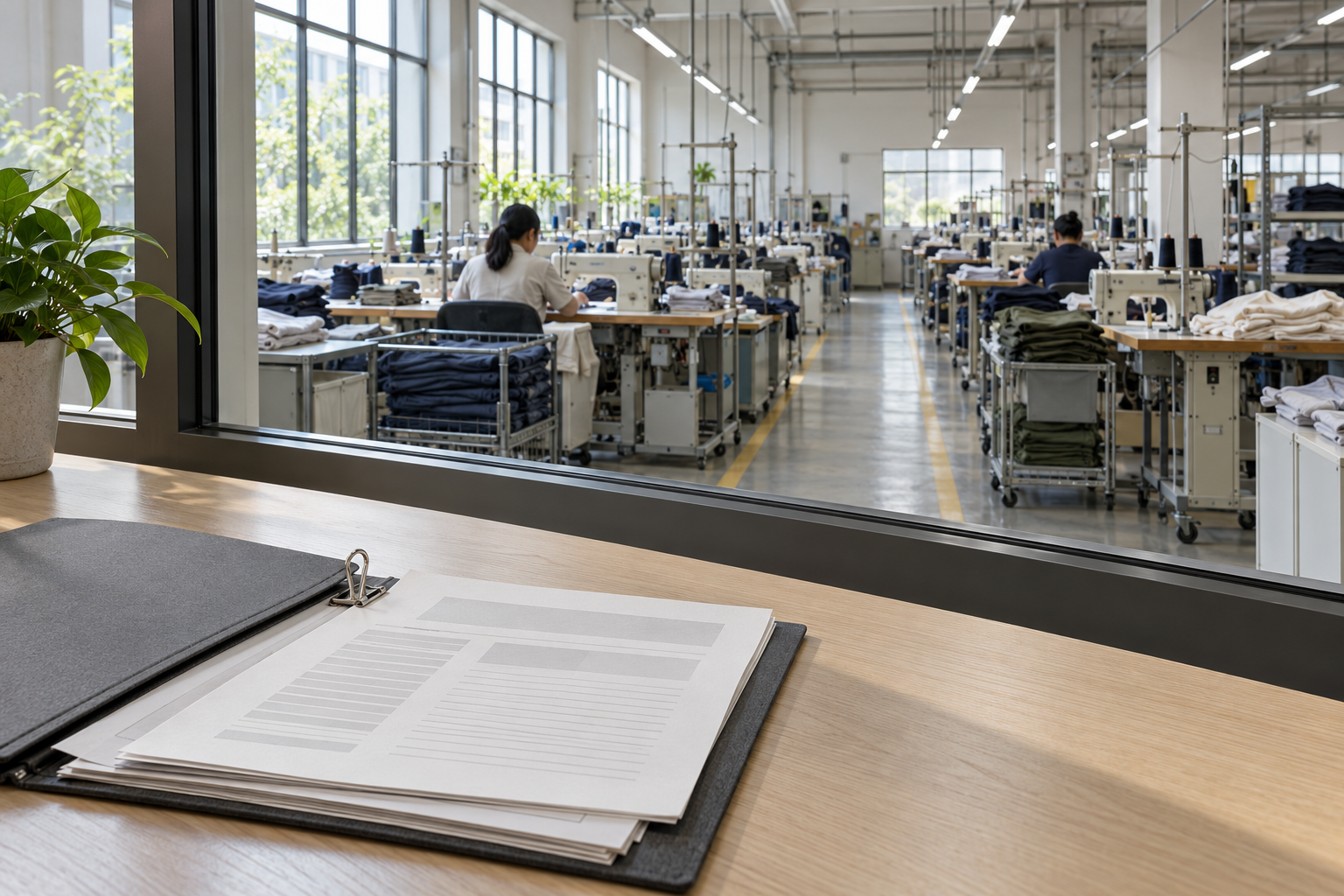 Audit documents on an office desk overlook a garment production floor through an interior window.