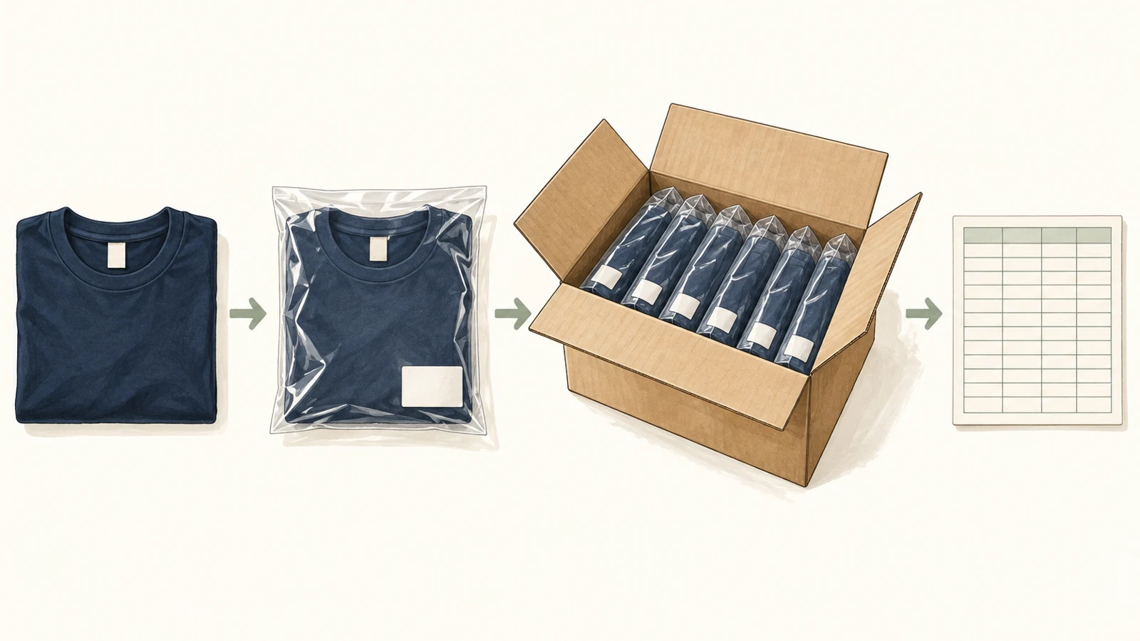 Illustration of a folded T-shirt, individual garment bag, shipping carton and packing record.