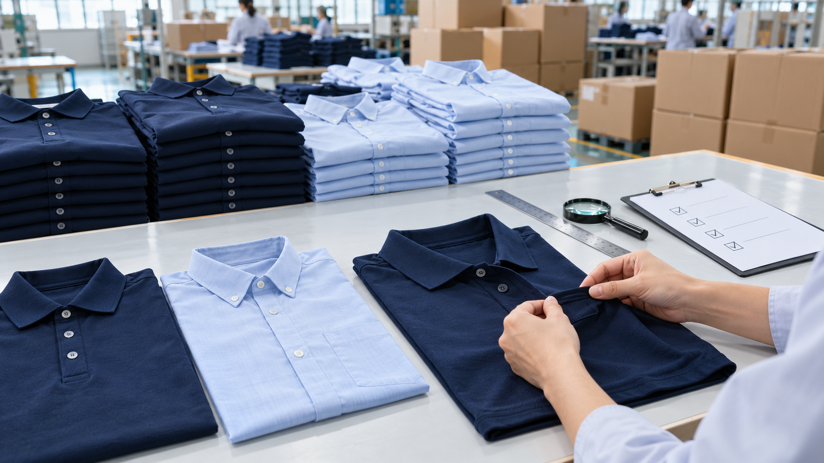 A small sampled group of garments laid out for AQL inspection beside stacked bulk production cartons