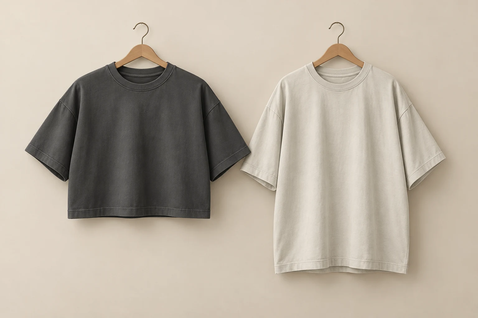 Shorter charcoal T-shirt and longer light T-shirt hanging side by side