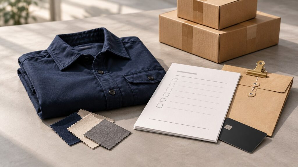 Illustration of clothing manufacturer payment terms for a garment order: deposit, balance due against shipping documents, and final payment on delivery
