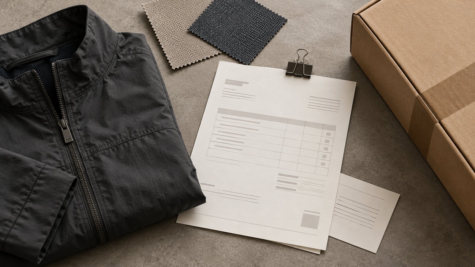 Jacket sample, fabric swatches and invoice paperwork beside a shipping carton on a sourcing desk.