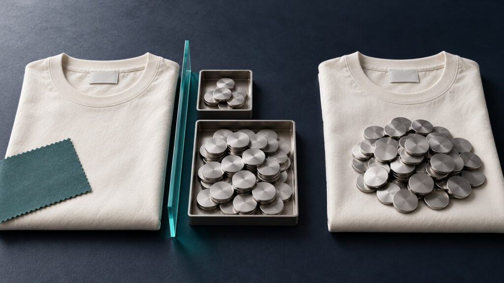 Apparel sourcing agent fees shown as a separate tray beside factory garment value, illustrating what commission adds on top of the factory FOB price