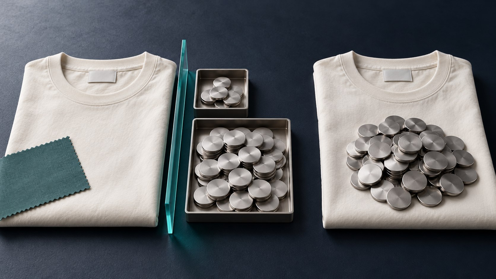 Apparel sourcing agent fees shown as a separate tray beside factory garment value, illustrating what commission adds on top of the factory FOB price