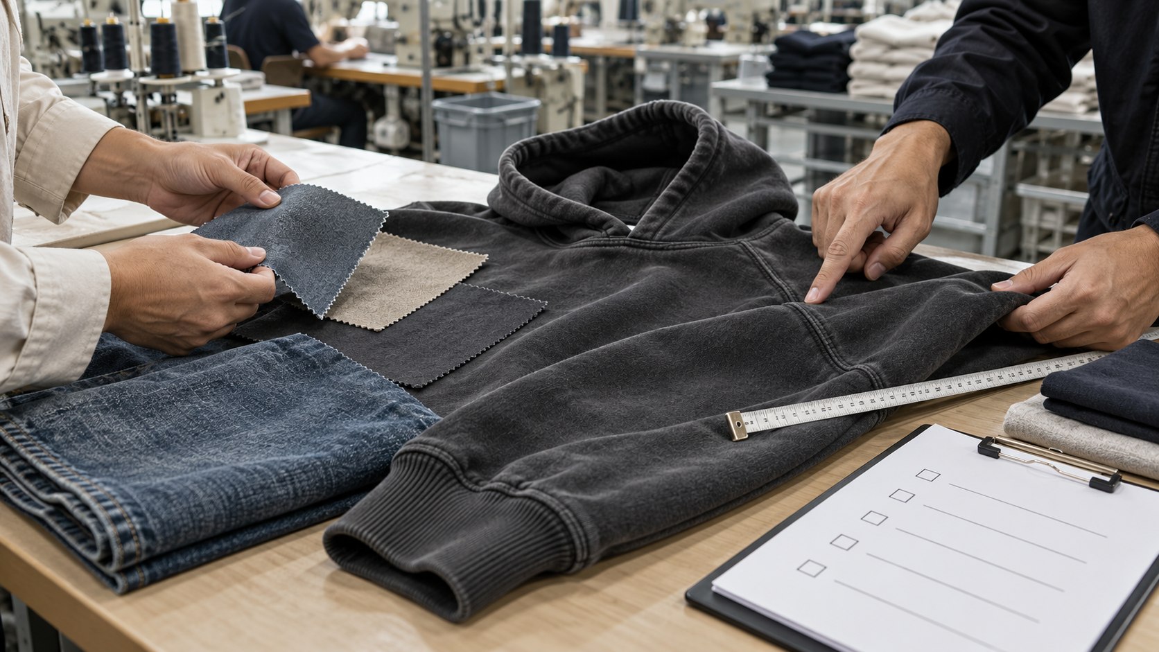 Buyer and production specialist checking a charcoal hoodie, fabric swatches and a measurement tape on a factory table before approving bulk production