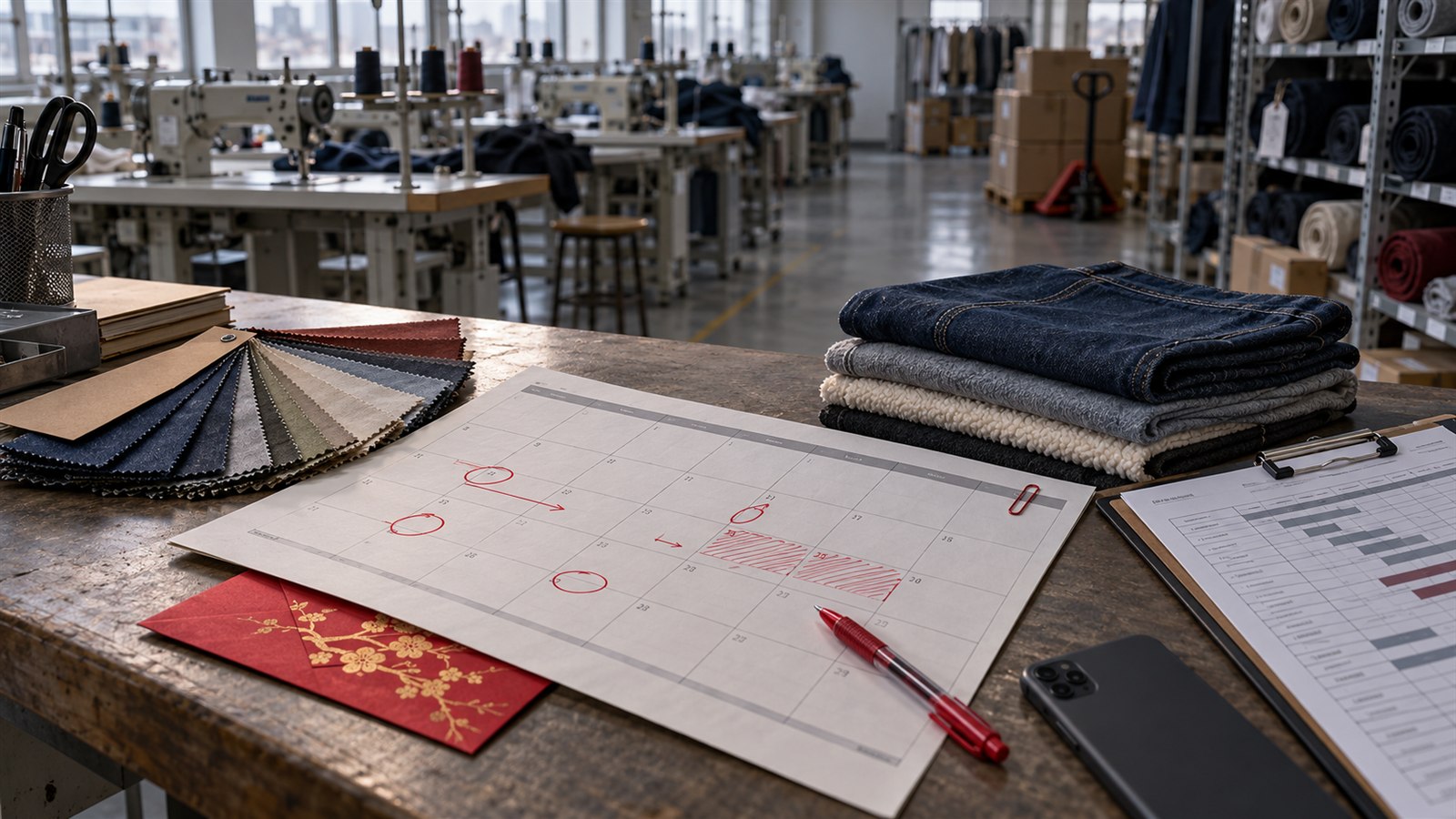 A printed production planner marked with red pen circles and a red paper clip, beside a fanned color swatch card set, a stack of folded denim and fleece samples, a red envelope and a clipboard schedule on a factory planning desk