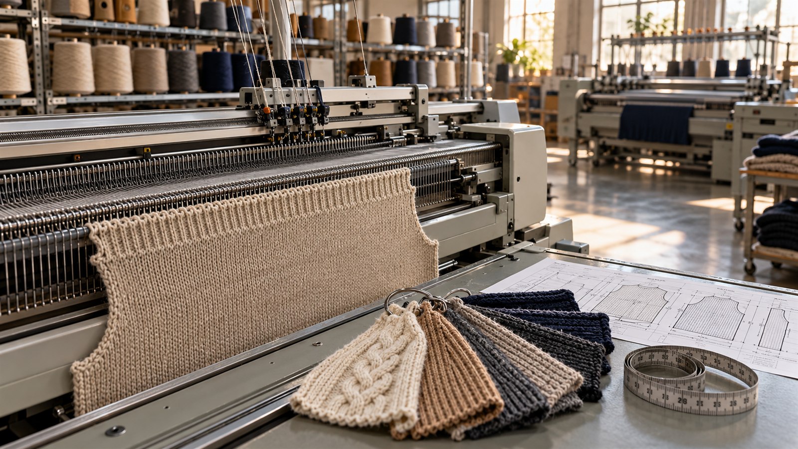 Flat knitting machine with a partially knitted oatmeal sweater panel, knitted gauge swatches and a measurement chart on the side table