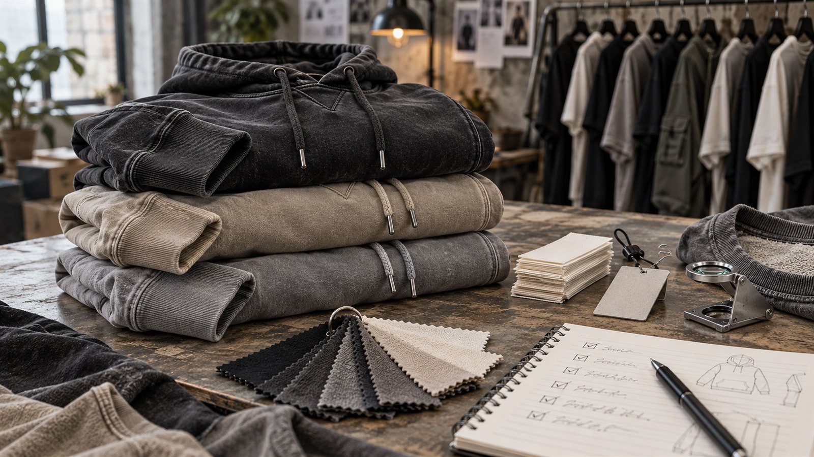 Three folded heavyweight fleece hoodies in washed black, garment-dyed sand and pigment grey on a worktable with blank woven labels, a swatch ring, a folding magnifier and a notebook of check boxes