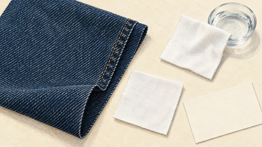 Editorial illustration of indigo denim beside two white rubbing cloths, a water dish and a blank card.