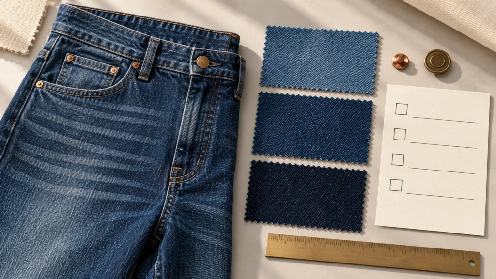 Indigo jeans beside three denim shade swatches, hardware and a blank approval card.