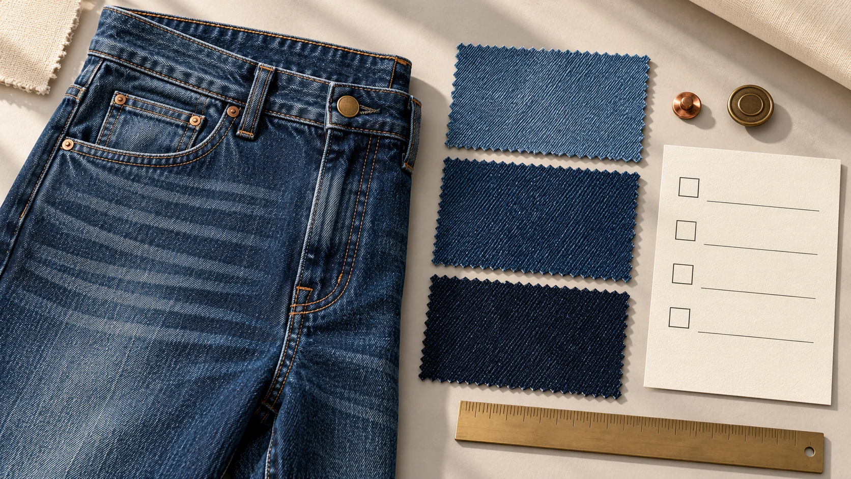 Indigo jeans beside three denim shade swatches, hardware and a blank approval card.