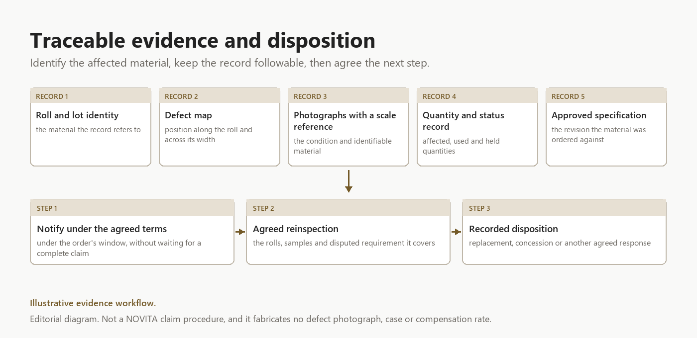 Illustrative workflow linking roll identity, a defect map, scaled photographs, quantity records and the approved specification to notification and disposition