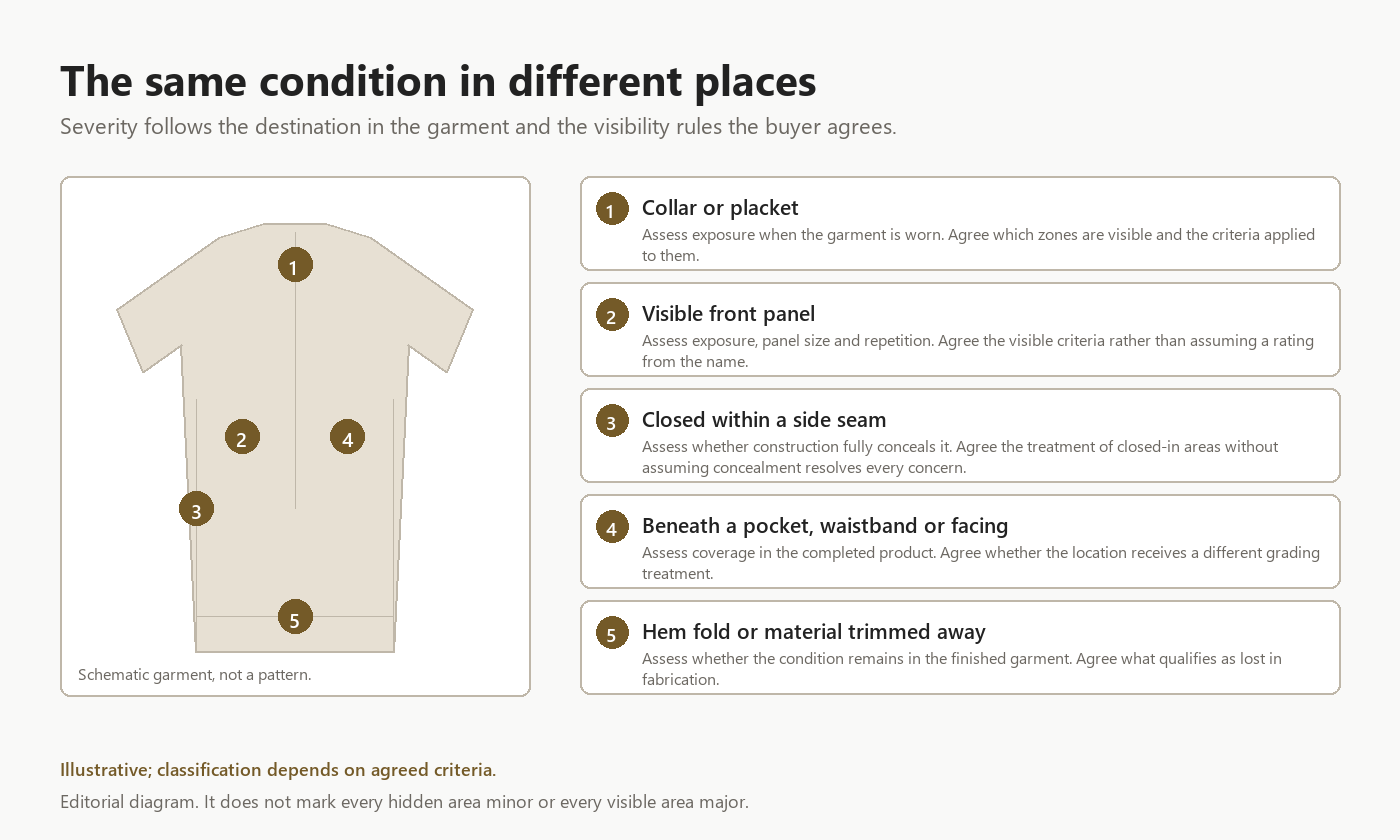 Illustrative garment diagram marking a collar or placket, a visible front panel, a closed side seam, a pocket area and a hem fold where a fabric condition may land