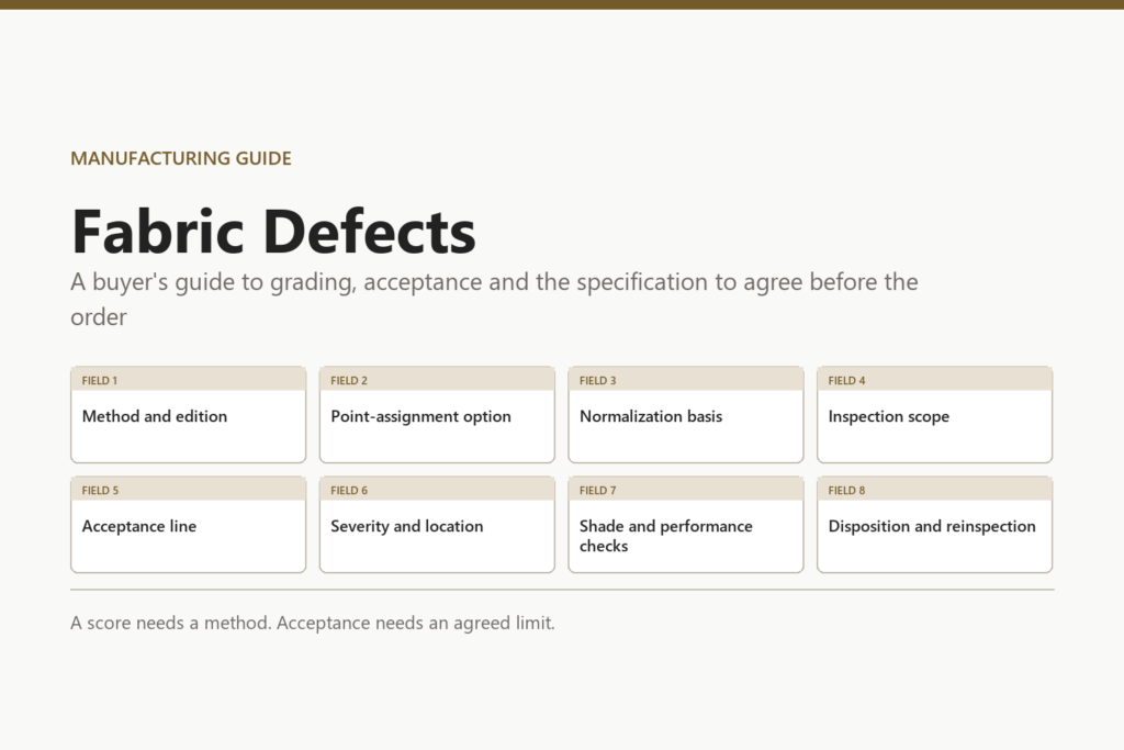 Editorial cover listing eight fabric acceptance specification fields: method and edition, point-assignment option, normalization basis, inspection scope, acceptance line, severity and location, shade and performance checks, disposition and reinspection