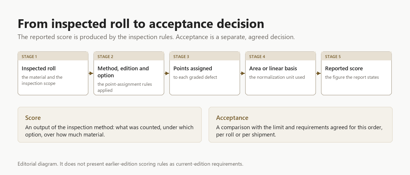 Diagram showing how an inspected roll becomes a reported score through the chosen method, option and normalization basis, with acceptance kept separate