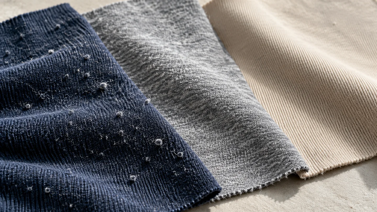 Close-up fabric pilling on a navy knit next to gray and beige swatches