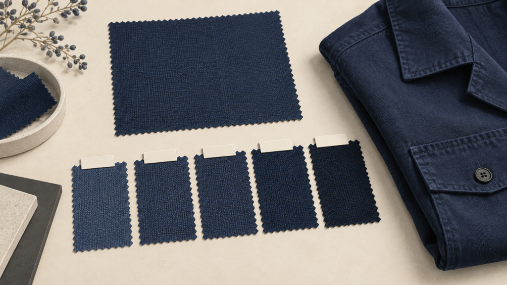Editorial illustration of navy fabric swatches arranged beside a larger reference swatch and a folded garment
