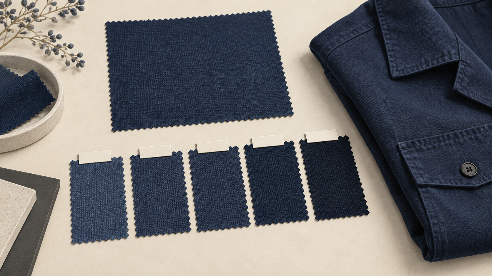 Editorial illustration of navy fabric swatches arranged beside a larger reference swatch and a folded garment