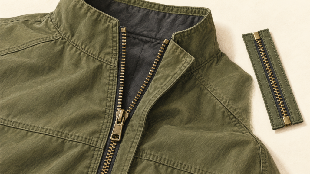 Editorial illustration of a jacket zipper and a separate zipper trim sample