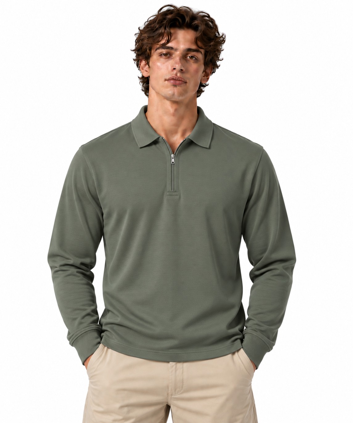 Olive Half-Zip Polo Shirt in Ribbed Knit, worn by a male model, front view
