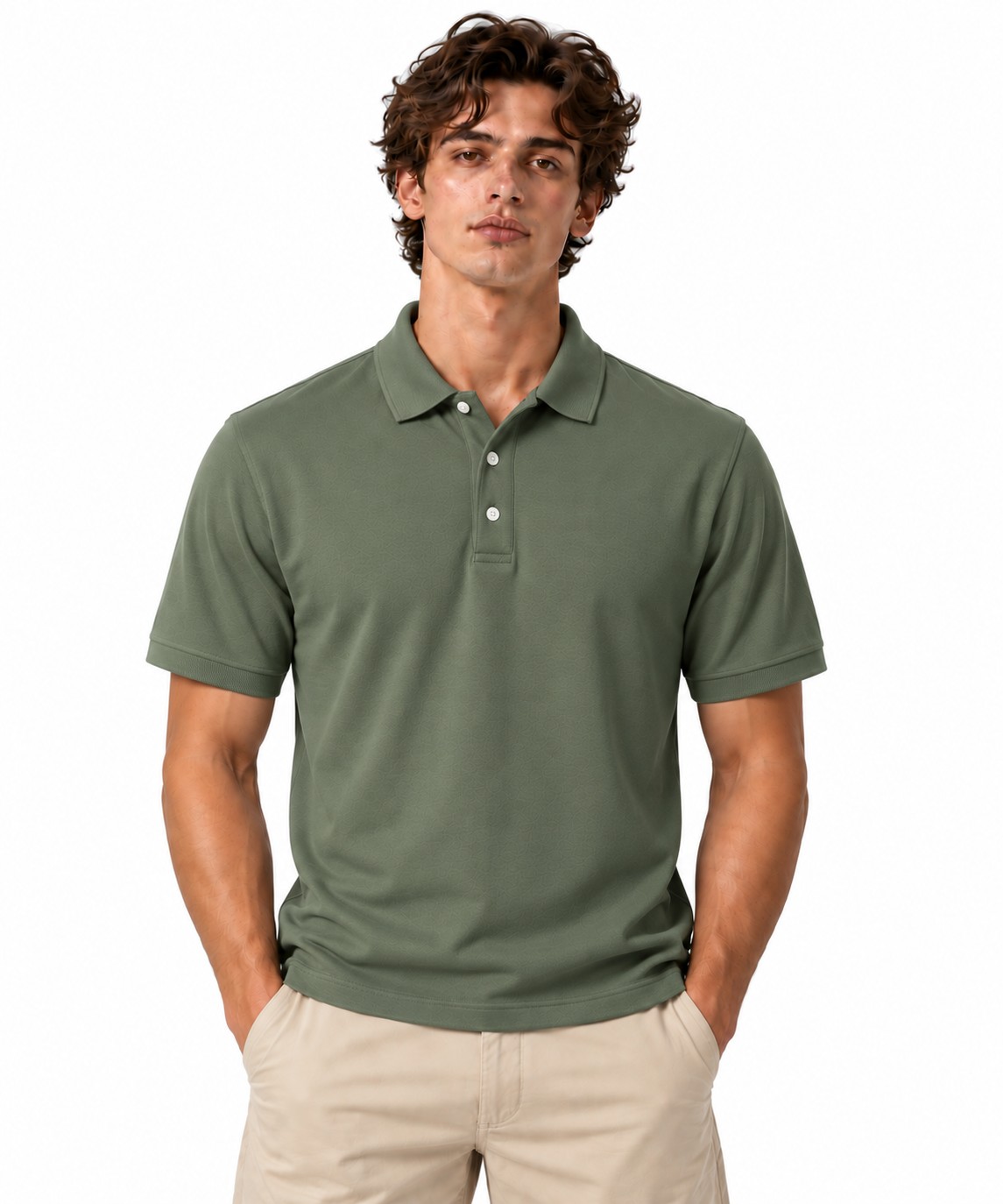 Olive Heathered Polo Shirt in Melange Knit, worn by a male model, front view