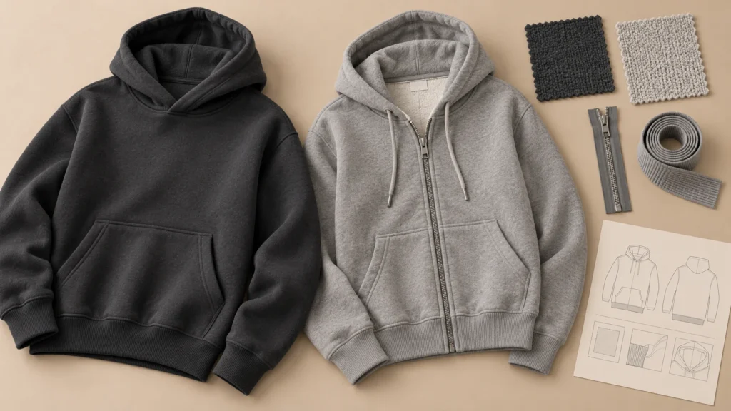 Charcoal pullover hoodie and grey zip hoodie with knit swatches, zipper trim and garment design drawings