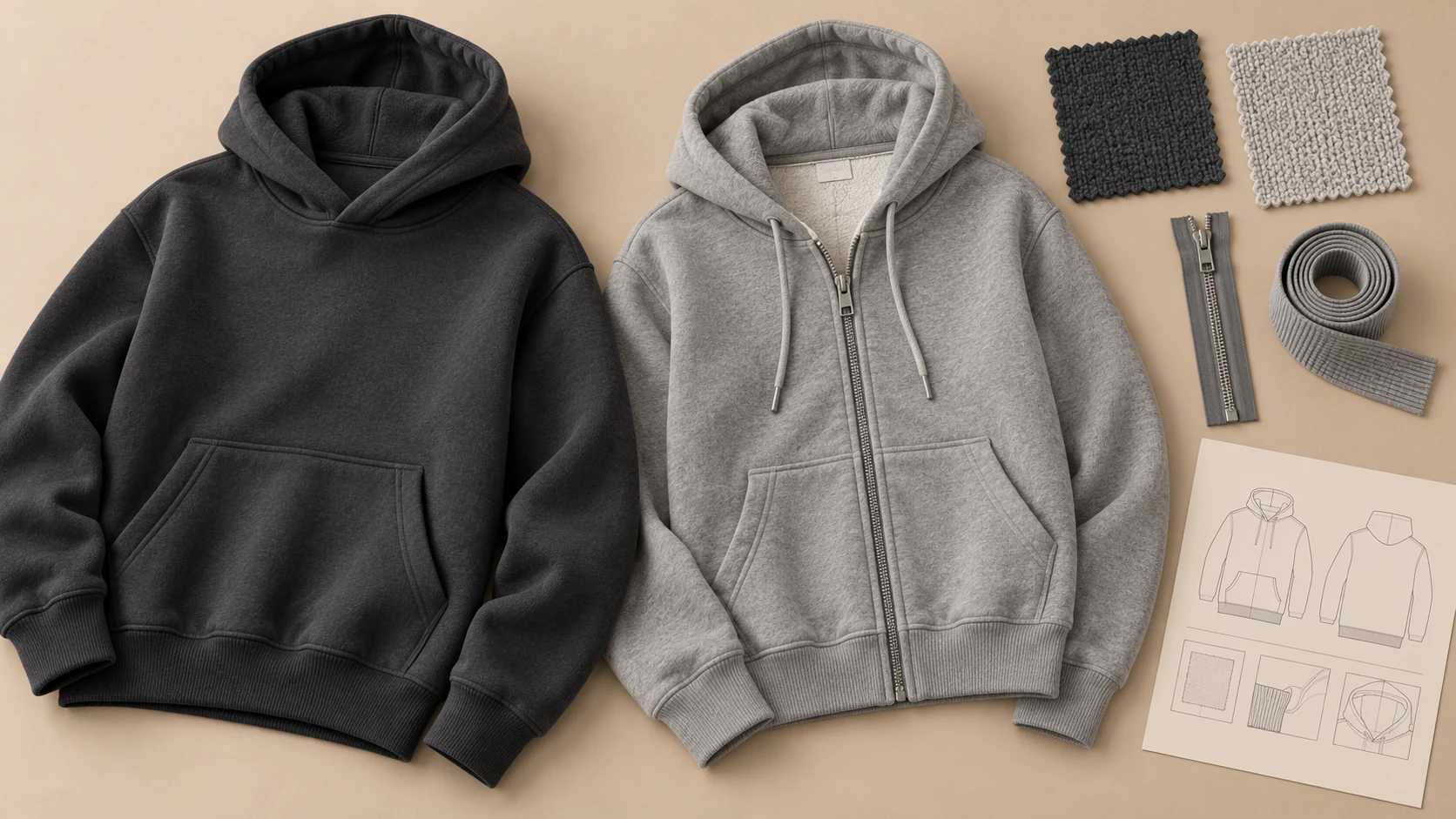 Charcoal pullover hoodie and grey zip hoodie with knit swatches, zipper trim and garment design drawings