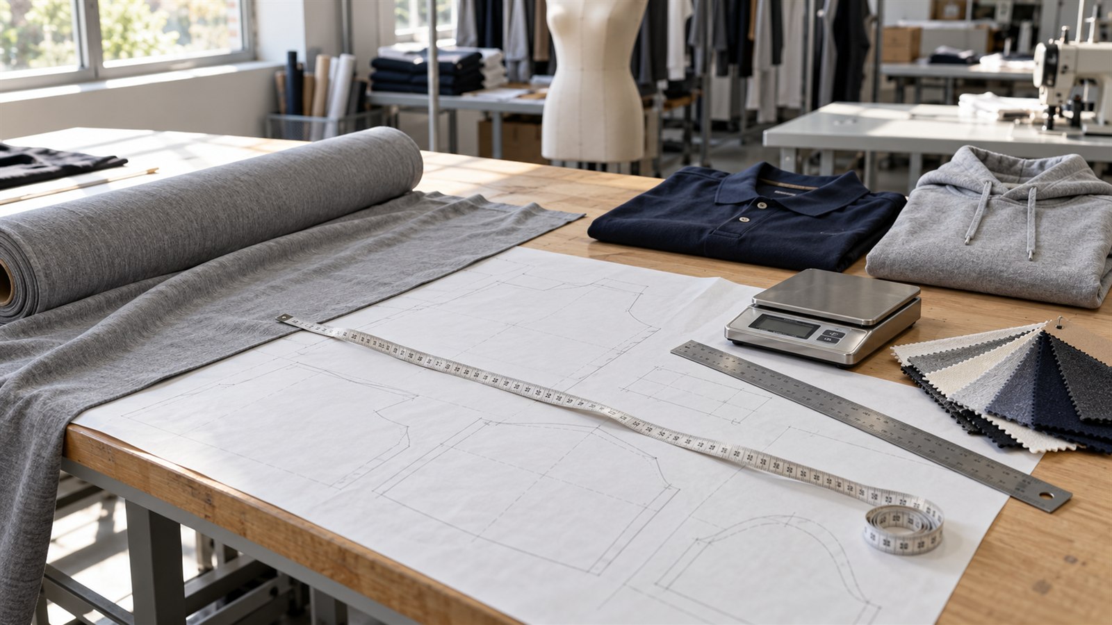 Fabric rolls, a paper pattern marker, a tape measure and a fabric scale on a factory sample-room table