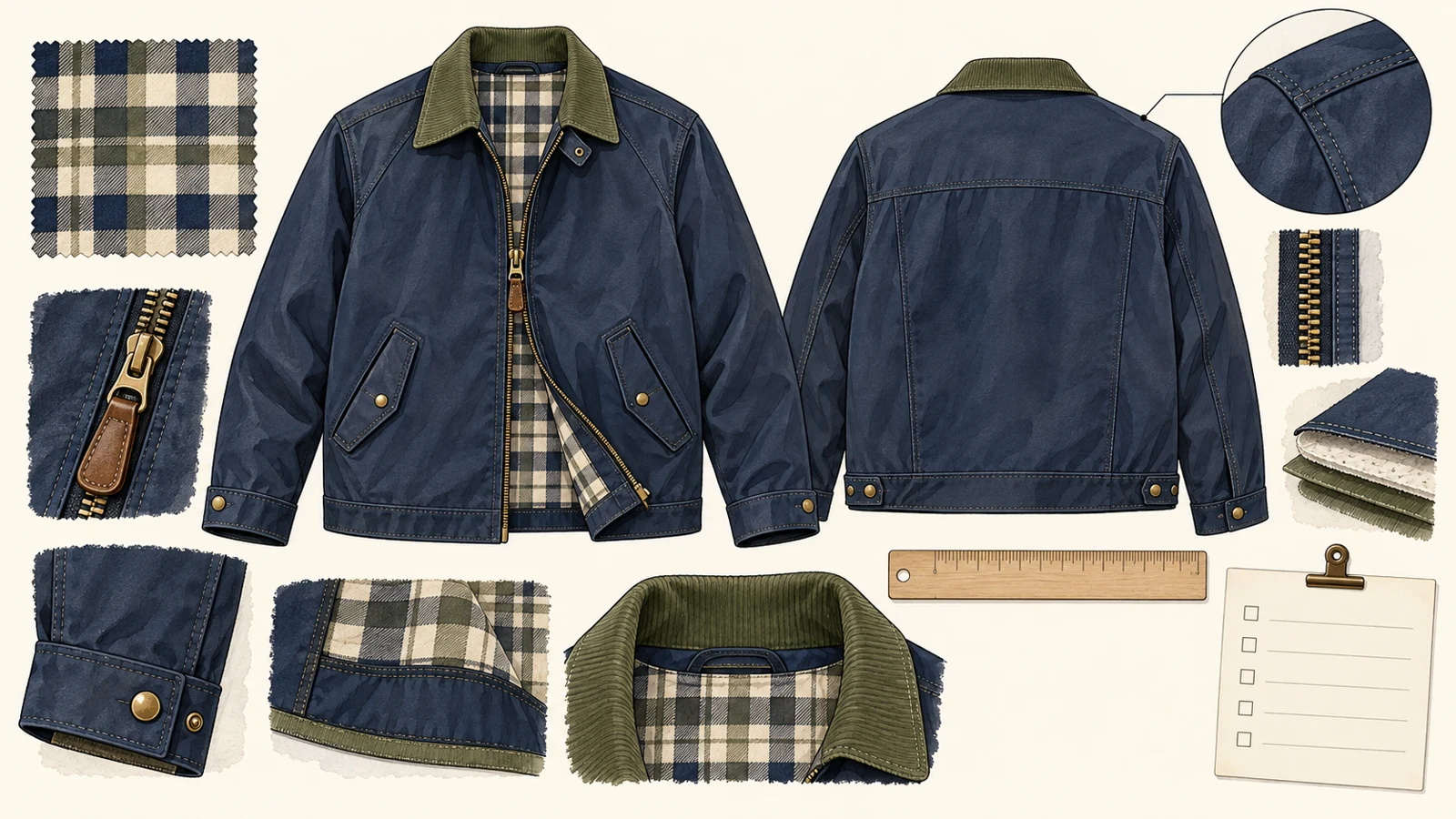 Illustration of jacket front and back views, lining swatch, zipper details and a blank approval checklist.