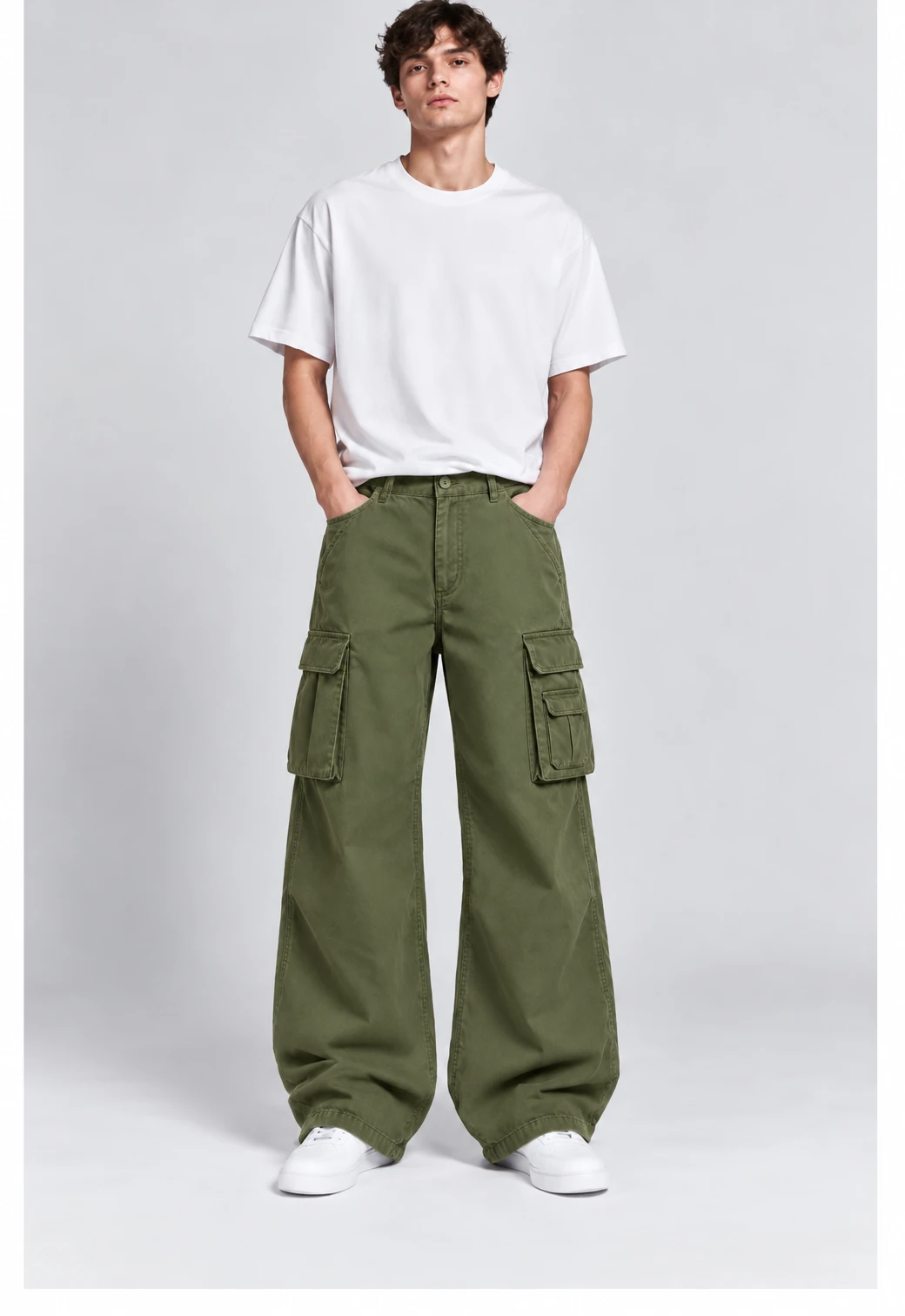 Baggy Cargo Pants worn by a model, front view