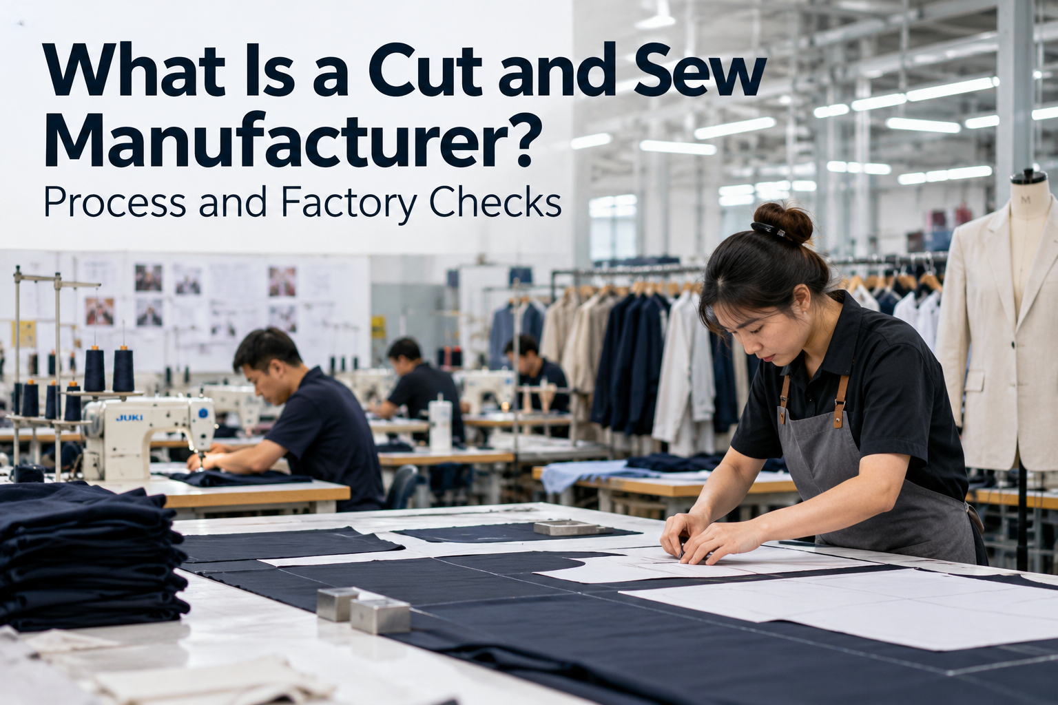 Illustrative garment production scene with fabric pattern cutting and sewing workstations, shown as an editorial graphic