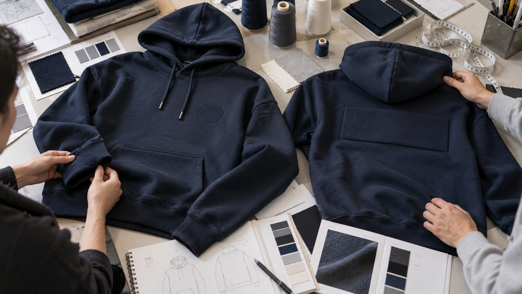 Navy hoodie concepts with textile swatches and garment design sketches