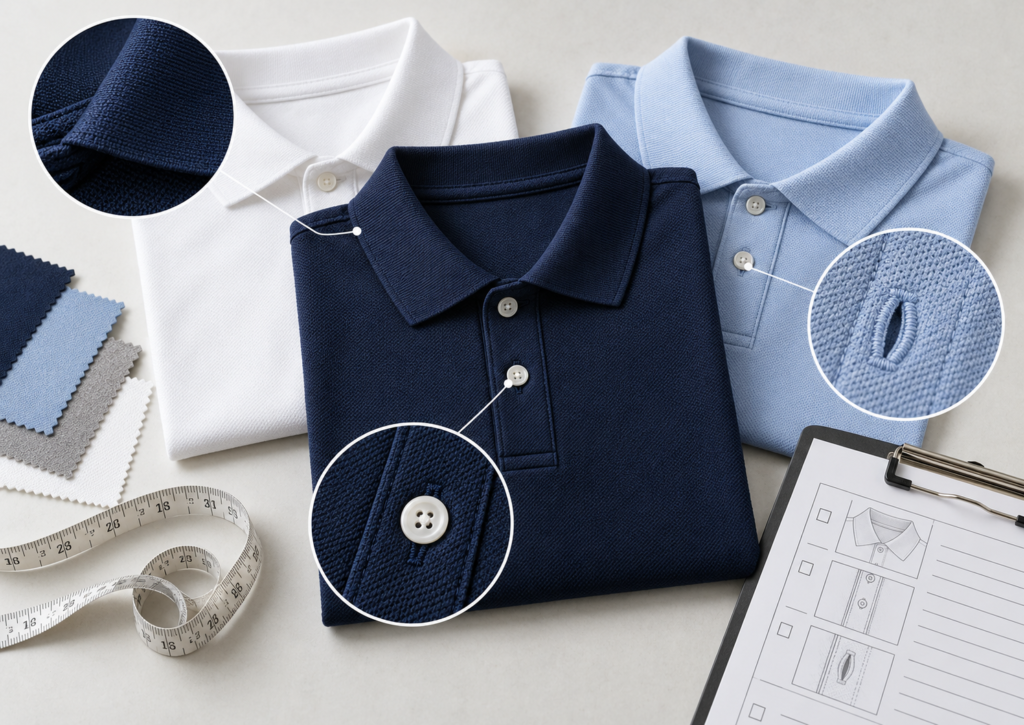Illustrated polo shirts in white, navy and light blue with enlarged collar, stitching and buttonhole details