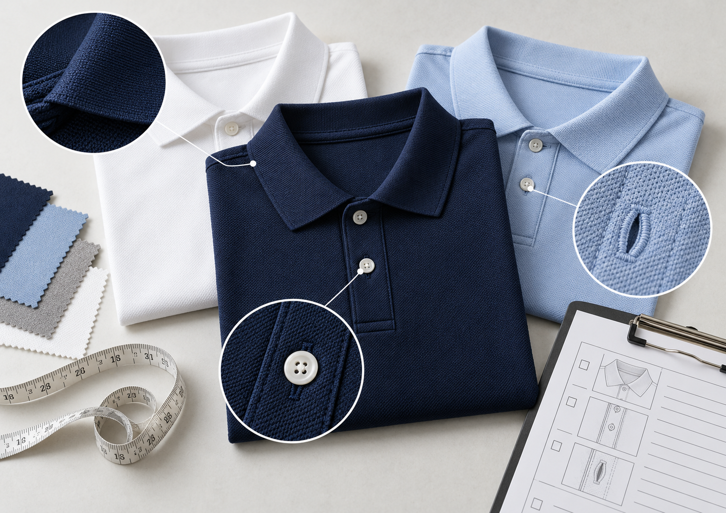 Illustrated polo shirts in white, navy and light blue with enlarged collar, stitching and buttonhole details