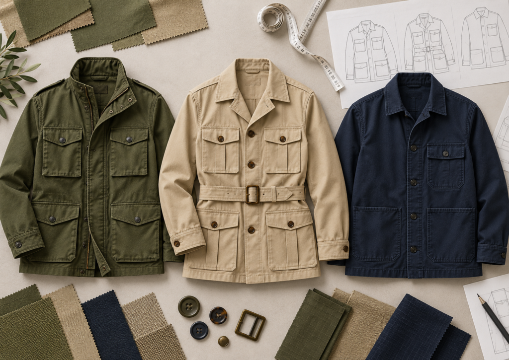Three illustrated men's utility jacket styles in olive, beige with belt, and navy, alongside fabric swatches and jacket sketches