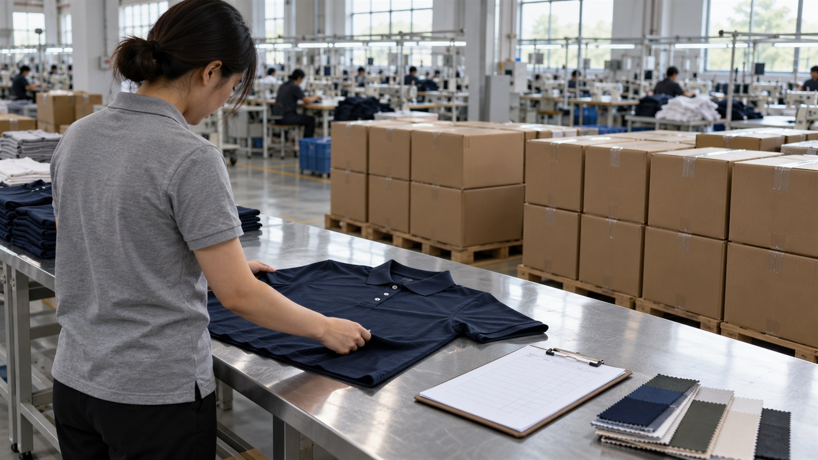 Inspector checking a navy polo shirt on a steel table at a garment factory, with cartons of finished goods stacked behind ready for pre-shipment inspection