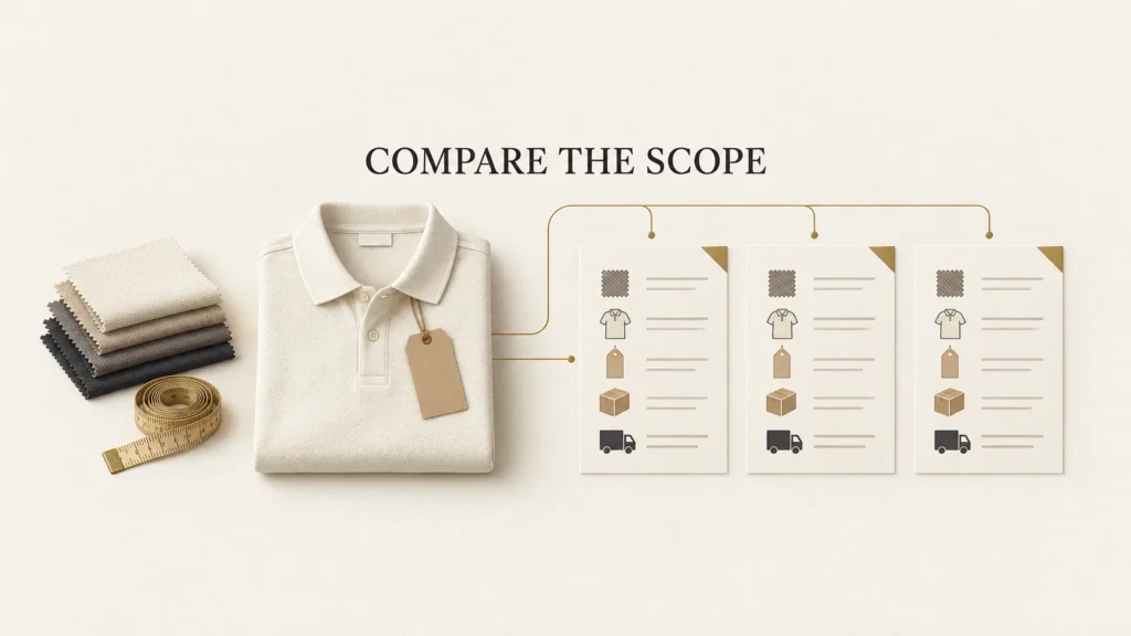 Illustration showing one menswear polo shirt specification connected to three supplier quotation sheets covering fabric, garment, label, packing and delivery