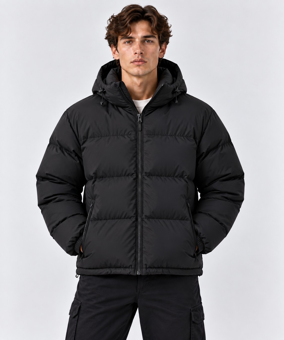 Black Insulated Quilted Puffer Jacket, worn by a male model, front view