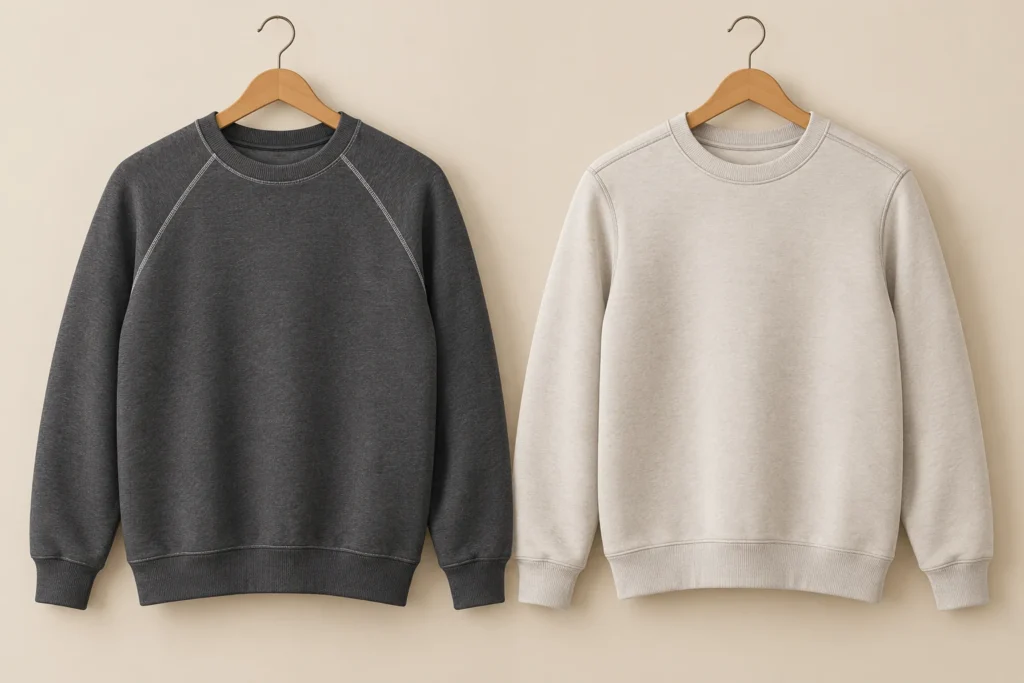 Dark raglan sweatshirt and light set-in-sleeve sweatshirt hanging side by side