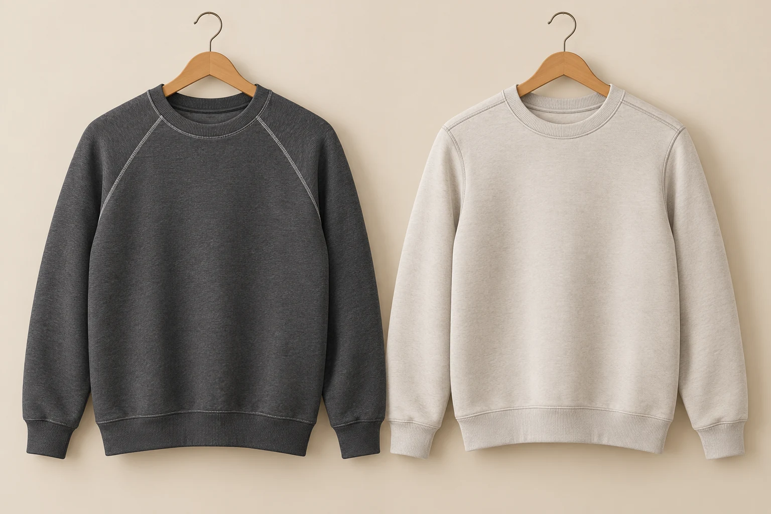 Dark raglan sweatshirt and light set-in-sleeve sweatshirt hanging side by side