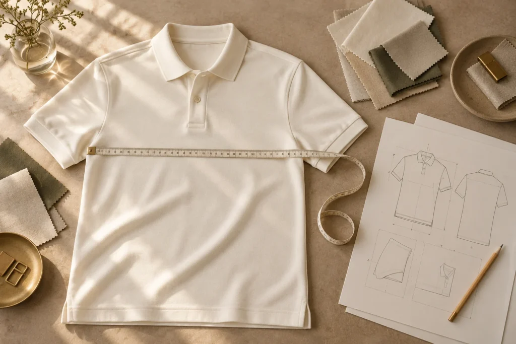 Illustrative reference-garment desk with a cream polo, measuring tape, fabric swatches and specification drawings