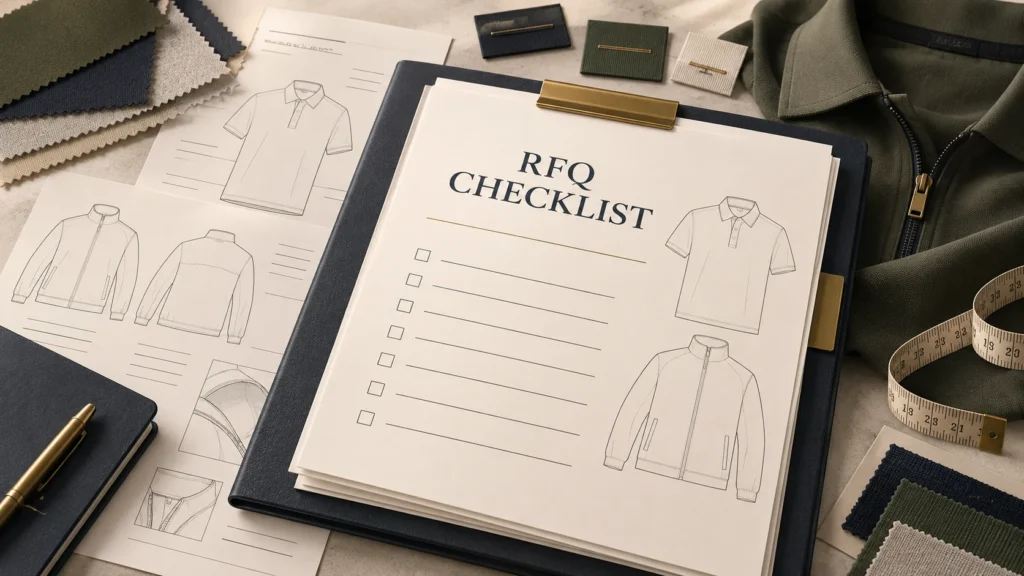 Editorial illustration of an RFQ checklist with polo and jacket drawings, fabric swatches, label samples and a measuring tape.