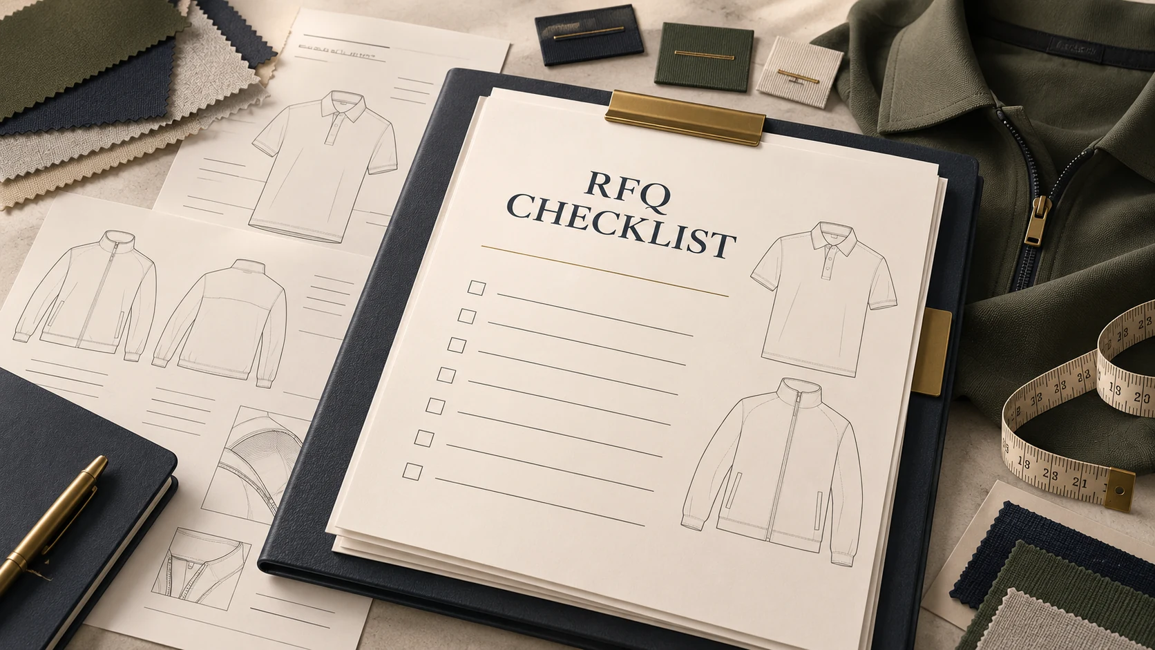 Editorial illustration of an RFQ checklist with polo and jacket drawings, fabric swatches, label samples and a measuring tape.