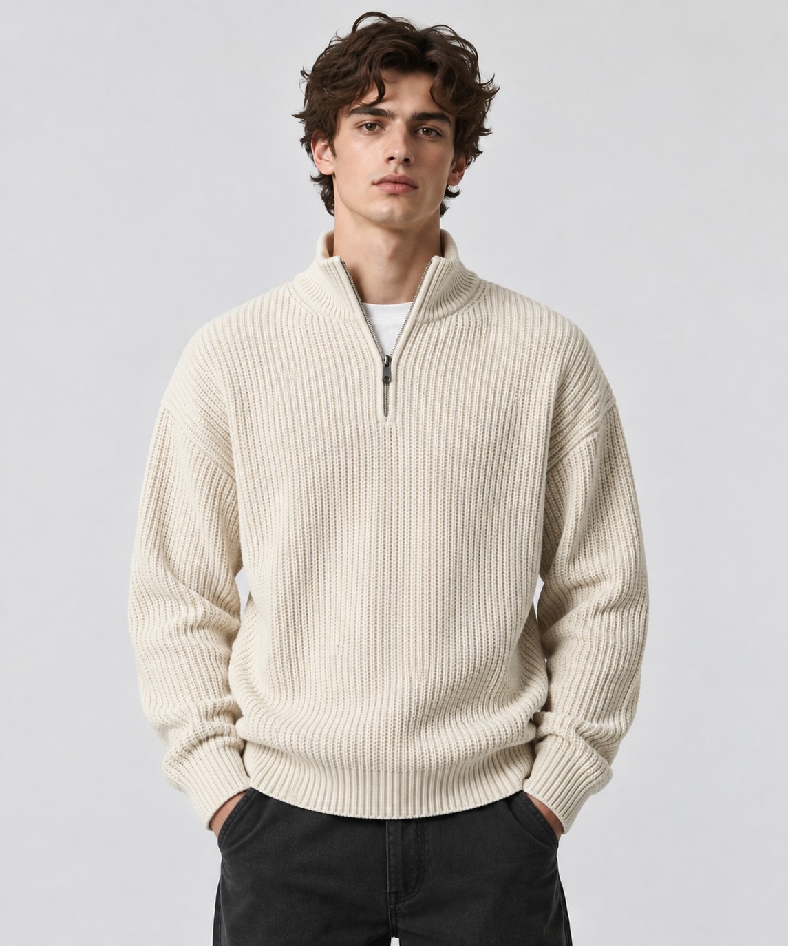 Cream Ribbed Quarter-Zip Knitted Pullover, worn by a male model, front view