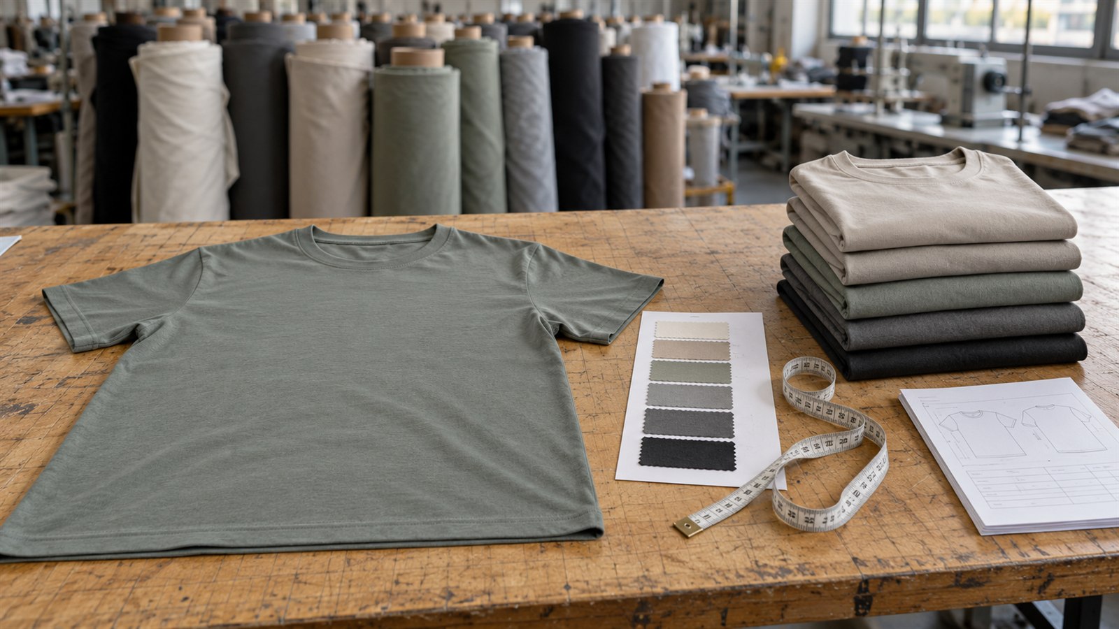 An approved sage green t-shirt laid flat beside a stack of bulk production t-shirts, a colour swatch card and a tape measure on a wooden cutting table