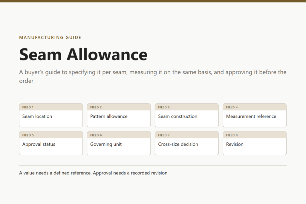 Cover graphic listing the seam allowance specification fields: seam location, pattern allowance, seam construction, measurement reference, approval status, governing unit, cross-size decision and revision.
