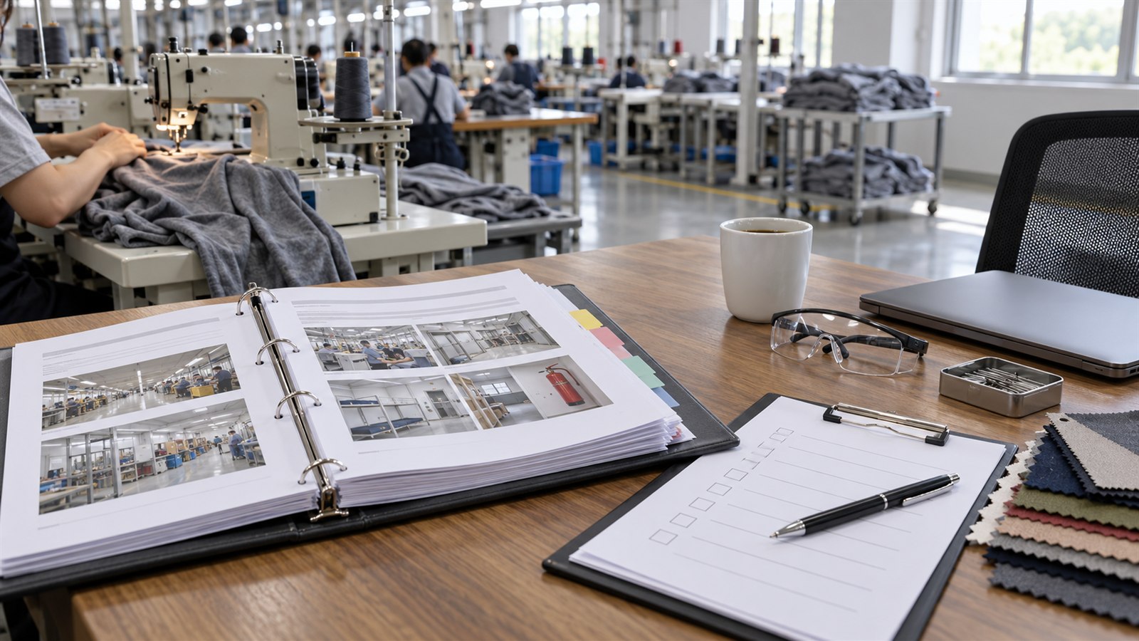An open compliance audit binder, a blank checklist clipboard and fabric swatch cards on a factory office desk