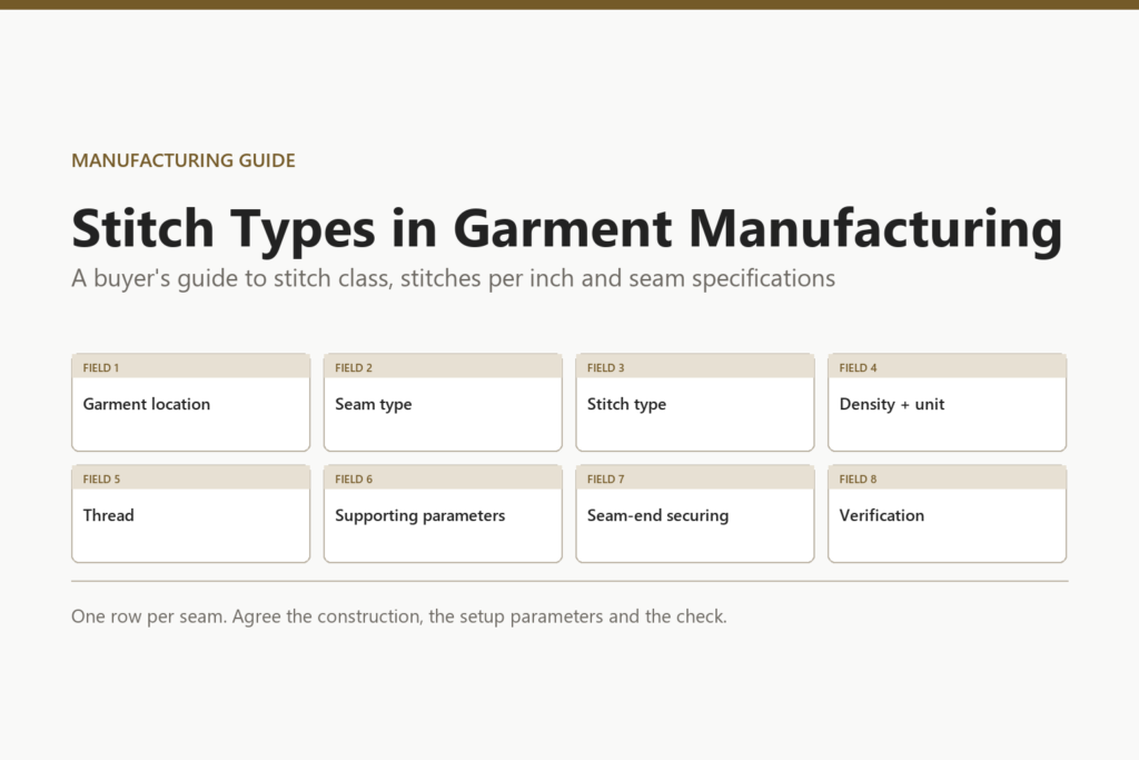 Stitch specification fields arranged as one row per seam: garment location, seam type, stitch type, density, thread, supporting parameters, seam-end securing and verification