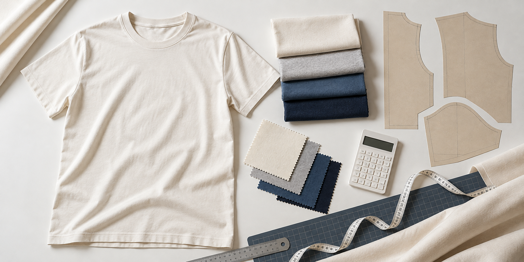 Editorial illustration of a white T-shirt, sewing patterns, folded jersey fabric, tape measure and calculator