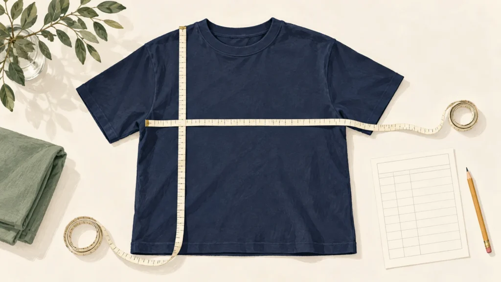 Editorial illustration of a navy T-shirt laid flat with measuring tapes and a blank measurement record.